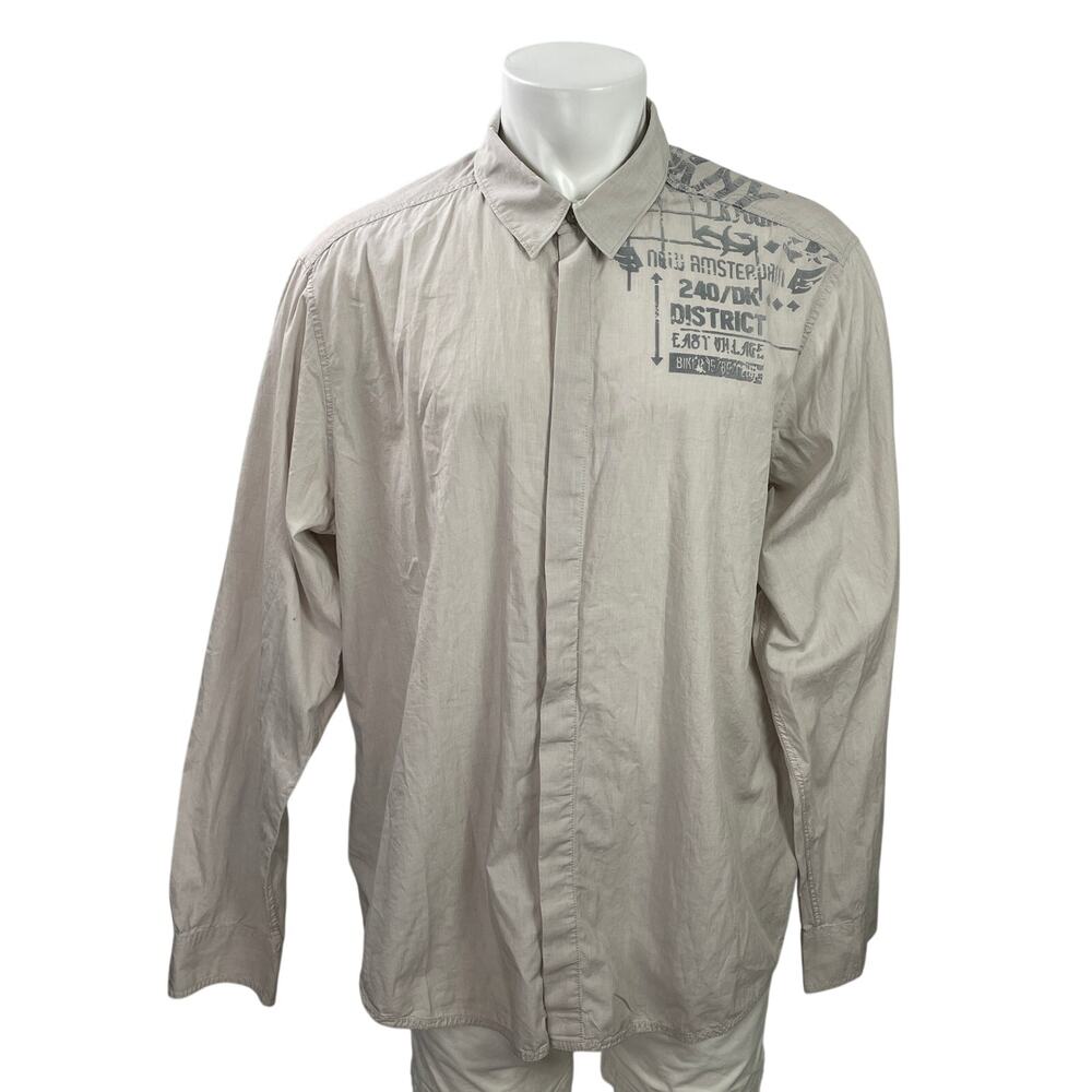 DKNY Jeans Men's Gray Long Sleeve Graphic Cotton Button Down Shirt Top Size XXL